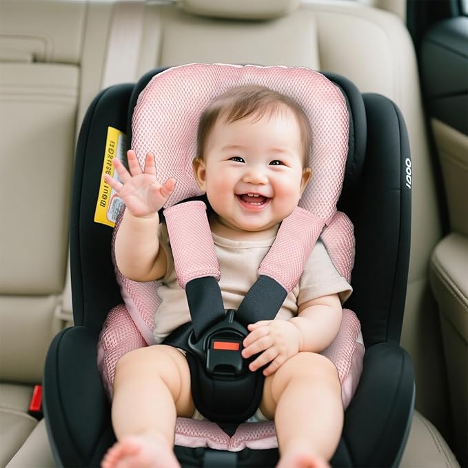 Infant Car Seat Insert for Newborn Girls Boys, Summer Mesh Baby Carseat Head Support with Strap Pads, Soft Reversible Baby Car Seat Insert Cushion Pad for Car Seat, Stroller, Bouncer, Swing, Pink-BubblyBeeBaby