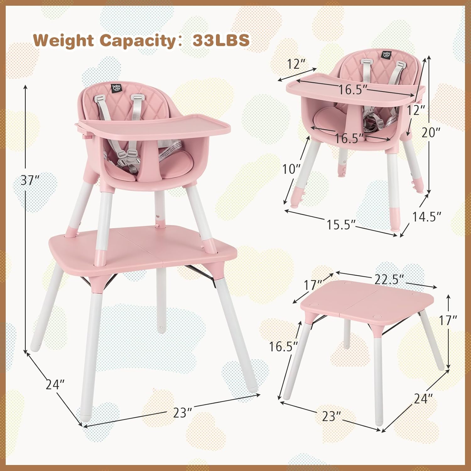 BABY JOY High Chair, 5 in 1 Convertible Highchair for Babies & Toddlers | Booster Seat | Table and Chair Set | Infant Feeding Chair with Removable Tray, Safety Harness, Removable Cushion (Pink)