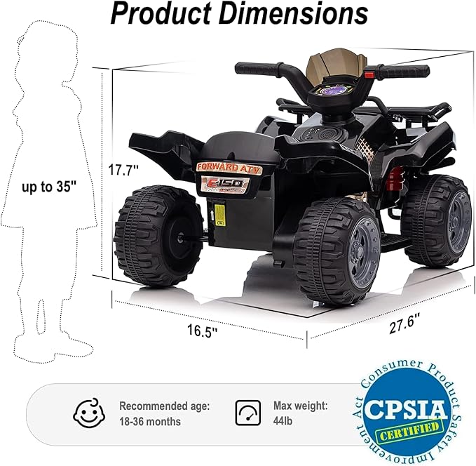 Kids ATV 4 Wheeler, 6V Ride-On Toy for Toddlers 1-3 Boys & Girls with Music, Forward & Reverse - Black-BubblyBeeBaby