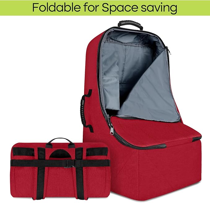 Padded Car Seat Travel Bag for Airplane, Heavy Duty Backpack for Air Travel, Water-Resistant Carrier with Shoulder Strap, Fits Most Car Seats (Red)-BubblyBeeBaby