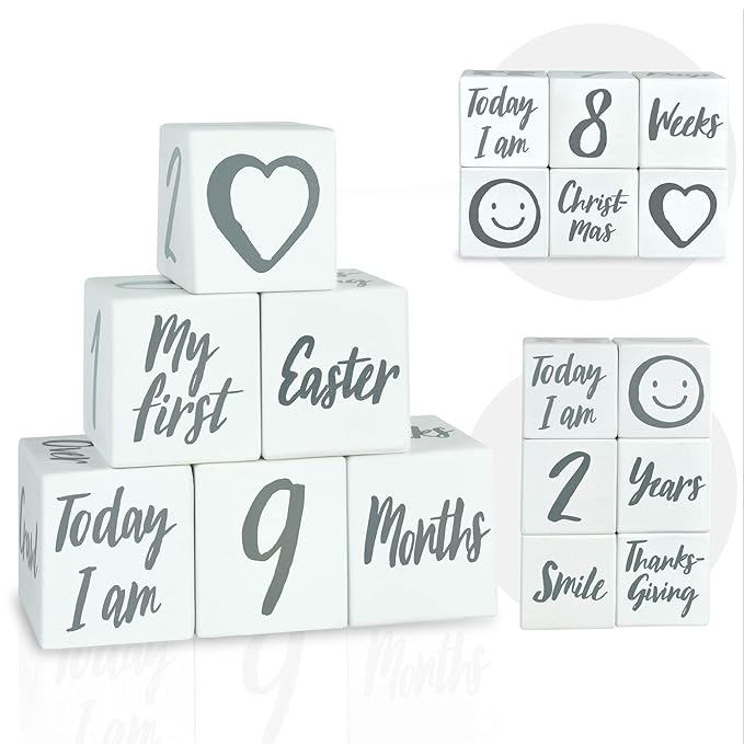 I'm Solid Wood Weekly Monthly Yearly Baby Milestone Age Blocks, Gender Neutral, Newborn Gifts & Keepsakes for Picture Props (6 Pcs/White)-BubblyBeeBaby