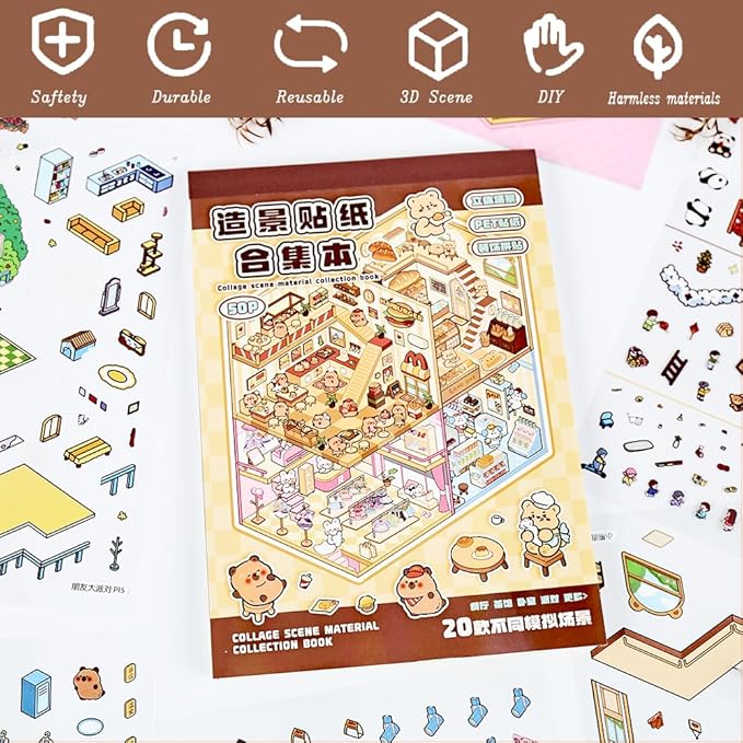 20 Sets DIY 3D Sticker Scenes for Adults Relief Stress, Cute Kawaii 3D House Sticker Therapy for Women Teen Girls Kids Pass The Time, Make Your Own Mini Room Scene Collection Book with Tweezer-BubblyBeeBaby