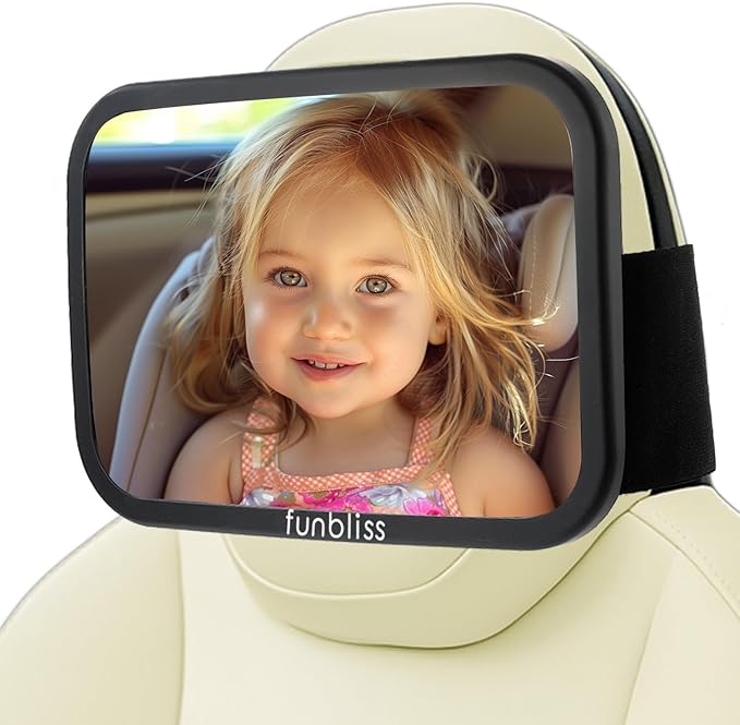 Funbliss Baby Car Mirror for Fixed Headrest, Compatible with Tesla Car Mirror for Baby and Other Models, 360° Rotation Clear & Wide View, Easy Install with Non-Slip Elastic Fixing-BubblyBeeBaby