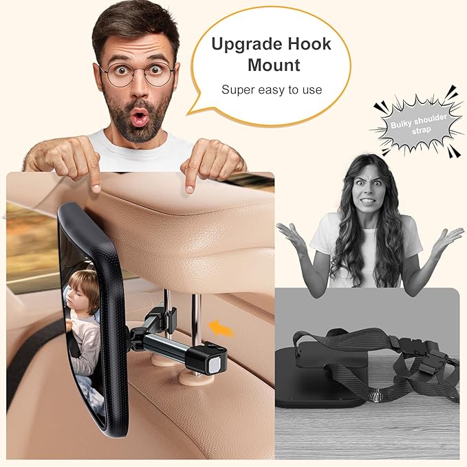 Baby Car Mirror for Rear Facing Seat - Clear View, Upgraded Hook Clip Design, 360 Rotation, Wide Crystal View, Shatterproof Crash Tested and Certified-BubblyBeeBaby