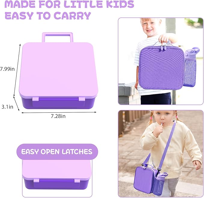 Kids Bento Lunch Box with 8oz Soup Thermo, Water Bottle, Kids Leakproof Lunch Food Containers with 4 Compartment, Insulated Hot Food Jar with Lunch Bag for School, Trvael (Purple)-BubblyBeeBaby