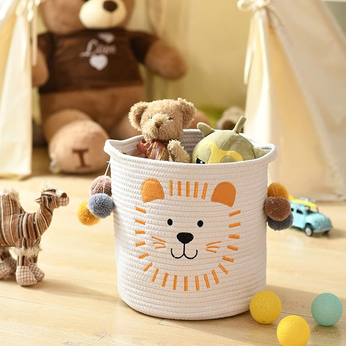 INough Toy Storage Baskets Cute Laundry Basket with Handles Dog Toy Storage Basket Durable Large Cotton Rope Storage Bins Home Organizer Solution for Office, Bedroom, Closet, Toys & Laundry (Lion)-BubblyBeeBaby