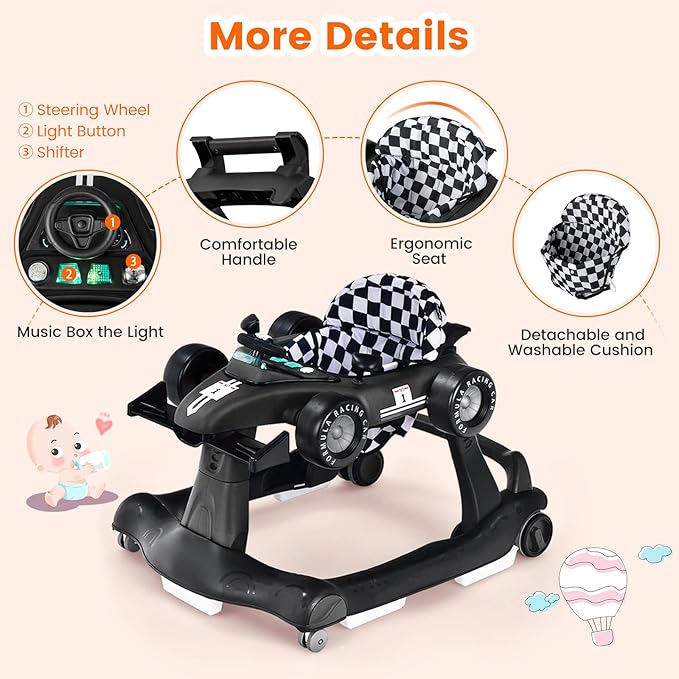 HONEY JOY 4-in-1 Baby Walker, Activity Push Walker w/3 Adjustable Heights, Smooth Wheels w/Adjustable Speed, Padded Seat, Music & Light, Foldable Car Walker for Baby Boys Girls Age 6 Months+ (Black)-BubblyBeeBaby