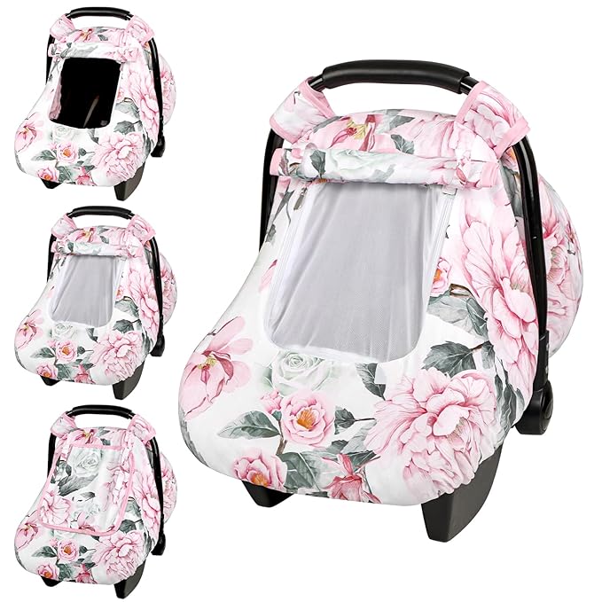 Pea Pod Car Seat Cover for Baby Girls, Floral Infant Car Seat Canopy Cover for Newborn, with 2 Layers Windows of Breathable Mesh/Fabric, 3D Minky Dot Backing, Ultra Soft & Comfortable-BubblyBeeBaby