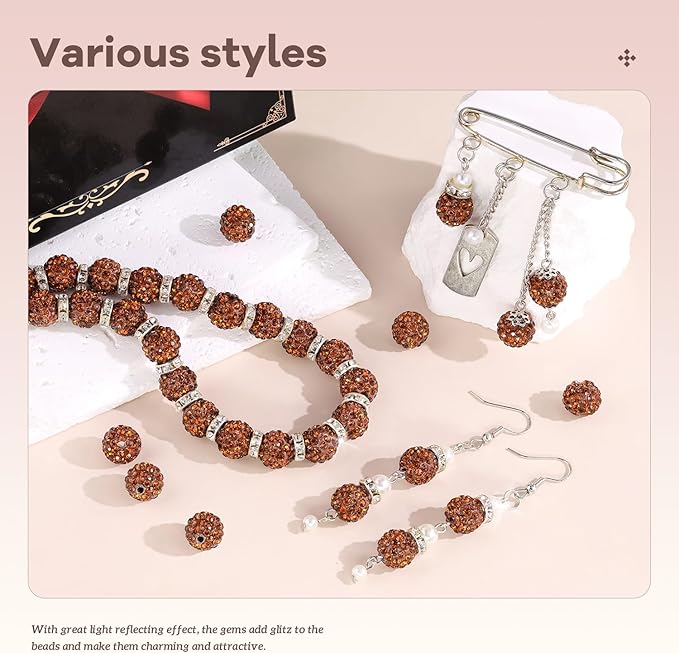 105pcs 10mm Rhinestone Beads for Jewelry Making, Brown Shiny Round Disco Ball Beads Bulk, Sparkle Crystal Clay Christmas for Bracelet Baseball Necklace Earring Crafting and DIY-BubblyBeeBaby