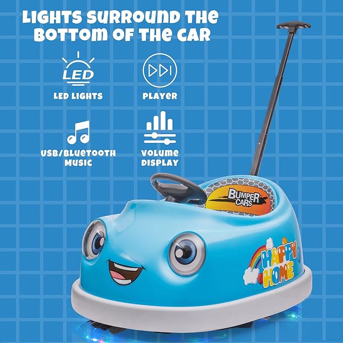 12V Dual Battery Electric Ride on Kids Bumper Car w/Remote Control,360 Degree Spin,Push Rod Rocker Horse Function,3-Speeds Babies & Toddlers Bumping Car Ride on Toy Gift for 1-4 Years Children (Blue)-BubblyBeeBaby