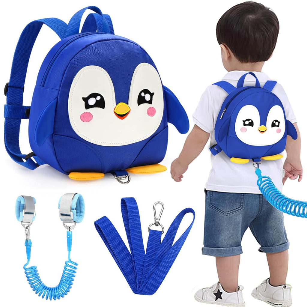 Accmor Toddler Harness Backpack Leash, Cute Penguin Kid Backpacks with Anti Lost Wrist Link, Mini Child Backpack Harness Leashes Walking Wristband Rope Travel Bag Harness Rein for Baby Girls (Blue)