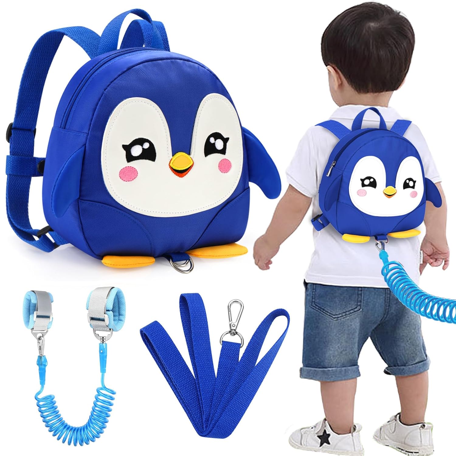 Accmor Toddler Harness Backpack Leash, Cute Penguin Kid Backpacks with Anti Lost Wrist Link, Mini Child Backpack Harness Leashes Walking Wristband Rope Travel Bag Harness Rein for Baby Girls (Blue)