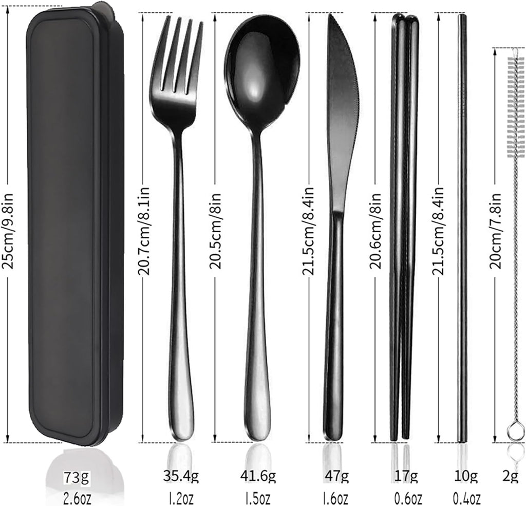 AARAINBOW 6 Pieces 18/8 Stainless Steel Flatware Set Portable Reusable Cutlery Set Travel Utensils Set Including Chopsticks Knife Fork Spoon Straws Cleaning Brush Dishwasher Safe (Black)