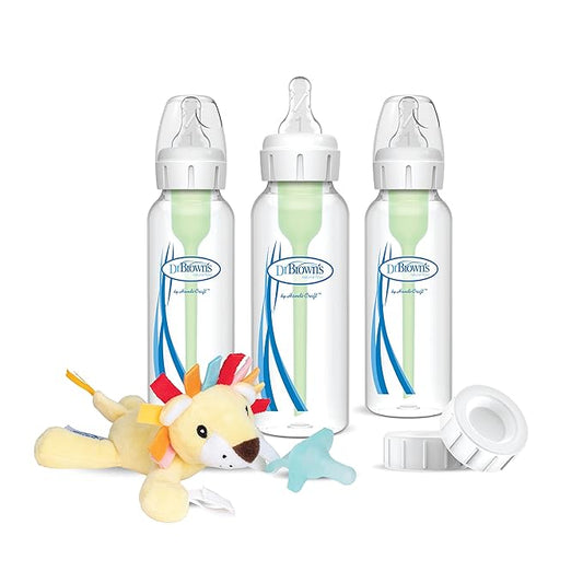 Dr. Brown's Natural Flow® Anti-Colic Options+™ Narrow 8oz/250mL Baby Bottle + Lovey Gift Set with Level 1 Slow Flow Nipples-BubblyBeeBaby