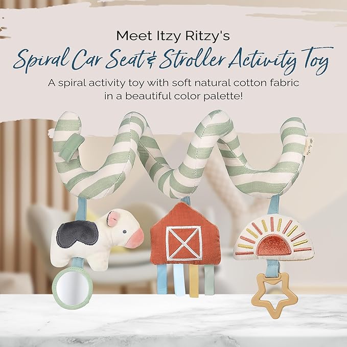 Itzy Ritzy Spiral Car Seat & Stroller Activity Toy - Stroller & Car Seat Toys for Ages 0 Months and Up - Hanging Toys Include Dangling Ring, Mirror and Textured Ribbons (Farm)-BubblyBeeBaby
