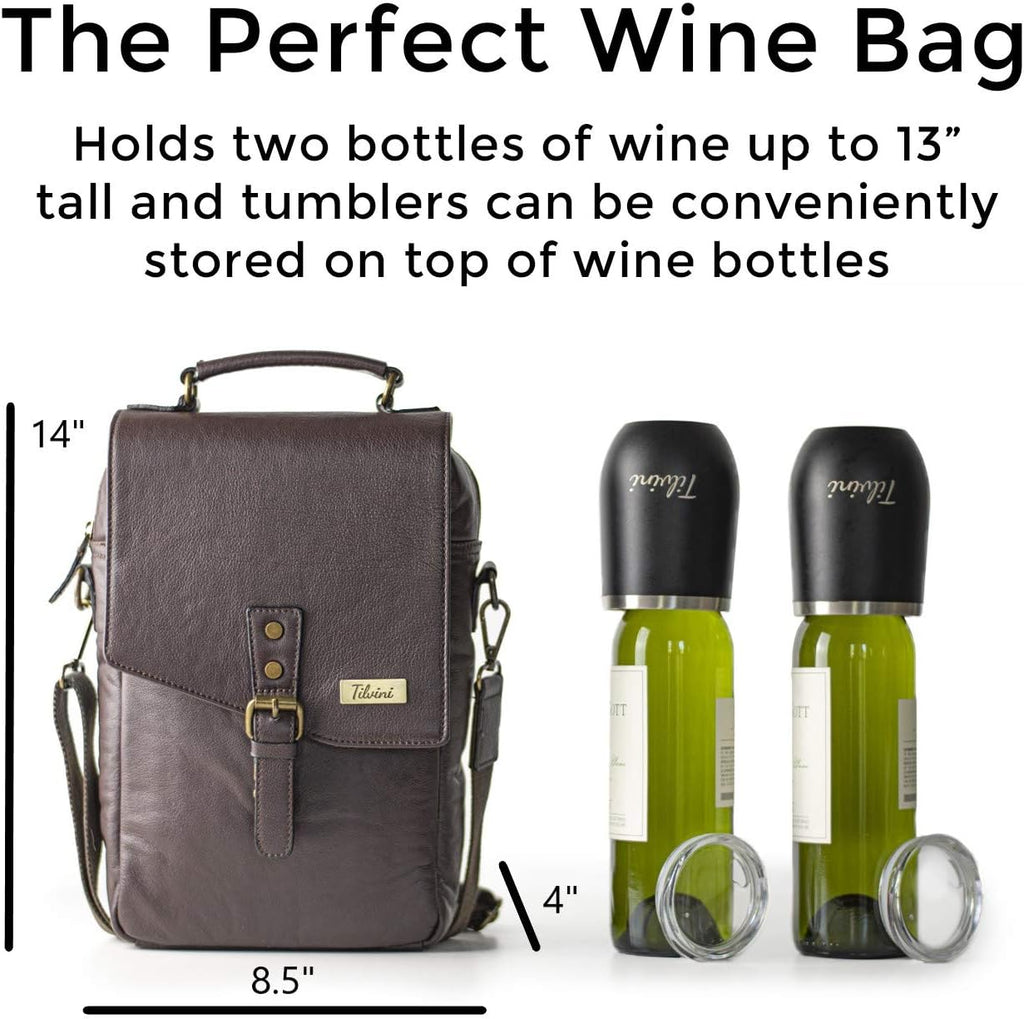 Insulated Leather Wine Bag & 2 Wine Tumblers Set. Leather Wine Bottle Carrier Tote. Wine Gifts For Men. Picnic Bag, Beach Wine Cooler Bag. Airplane Travel Byo Wine Carrier Case Couples Gift