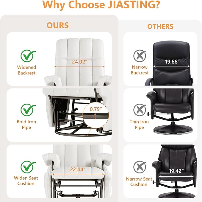 JIASTING 360° Swivel Leather Recliner Chair with Ottoman & Double Side Pockets, Nursing Glider Rocking Recliner Chair, Gliding Chairs for Nursery, Living Room, Office, Bedroom, Metal Frame (White)-BubblyBeeBaby