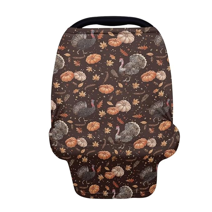 Binienty Hanksgiving Turkey Pumpkin Stretch Car Seat Covers for Babies Infants, Breathable Stretch Baby Stroller Cover Canopies Thankful Car Seat Cover-BubblyBeeBaby