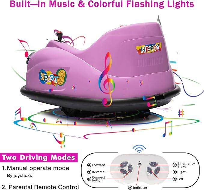 12V Bumper Car for Toddlers, Electric Toy Ride on Battery Car with Kids W/Parent Remote Control, 2-Speed, 360 Degree Spin, Music & LED Lights for Kids, Purple-BubblyBeeBaby