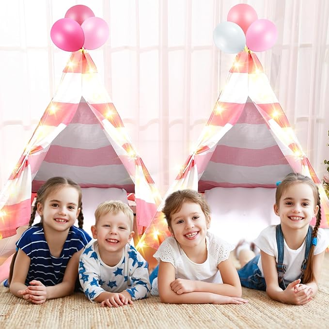 2 Pack Kids Teepee Tent with Mattress,Fitted Sheet,Light String,Washable Natural Cotton Toddler Play Tent for Girls Boys Indoor Outdoor Sleepover Slumber Birthday Party(Pink and White)-BubblyBeeBaby