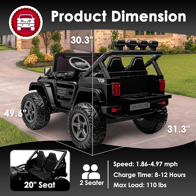 24V 2 Seater Ride On Truck with Remote Control 4WD Electric Car for Kids Ride On Car Battery Powered Ride On Toy Car with Music Player, LED Lights, Bluetooth, Rear Shock Absorber, Black-BubblyBeeBaby