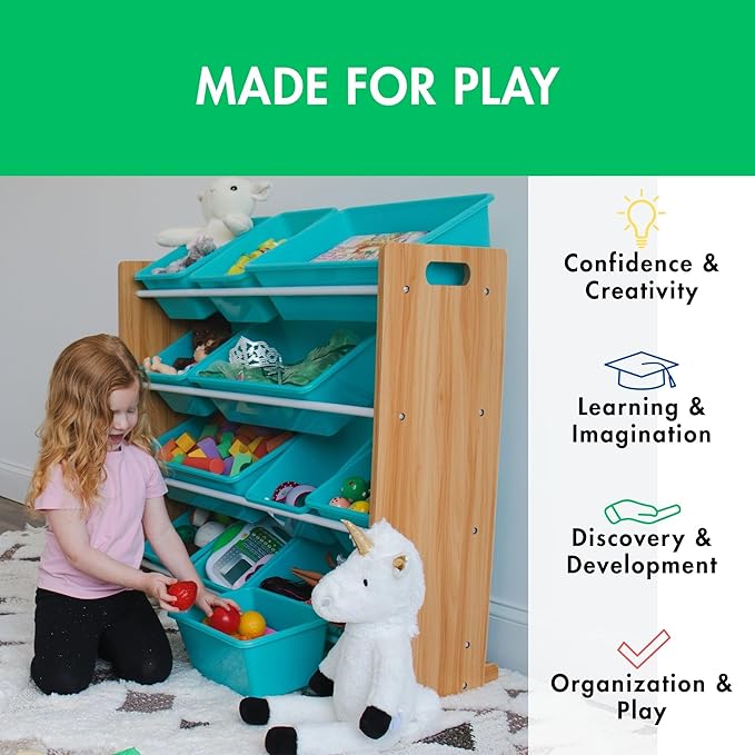 Humble Crew Kids Toy Storage Organizer with 12 Plastic Bins, Natural Wood/Aqua – Removable Bins for Playroom, Bedroom, Toddler Furniture for Boys and Girls Ages-BubblyBeeBaby