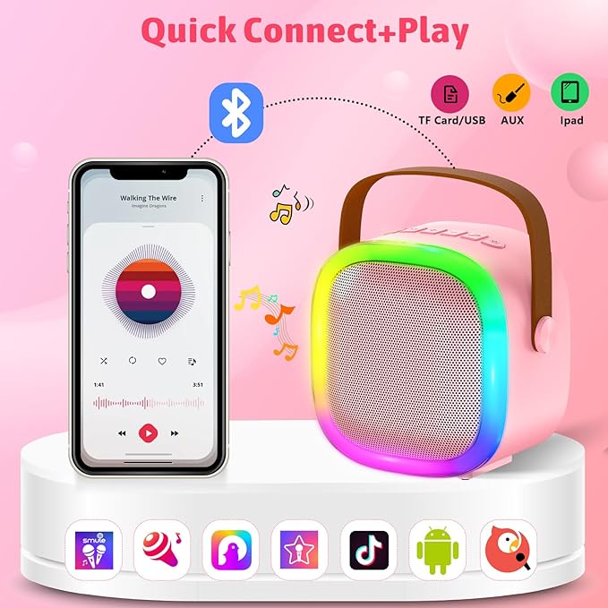 Karaoke Machine for Kids Adults, Portable Bluetooth Speaker with Wireless Microphone and LED Lights, Kids Toys Birthday Gifts for Girls and Boys Ages 4, 5, 6, 7, 8,9,10,11,12+ Years, Home Party-BubblyBeeBaby