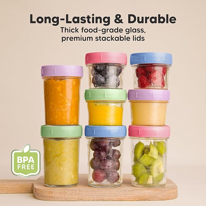 KeaBabies 4pk 8oz Glass Baby Food Containers with Lids - Leak-Proof, Microwavable Small Glass Jars, Baby Purees & Toddler Snack Storage Containers, BPA-Free, Dishwasher & Freezer Safe (Nord)-BubblyBeeBaby