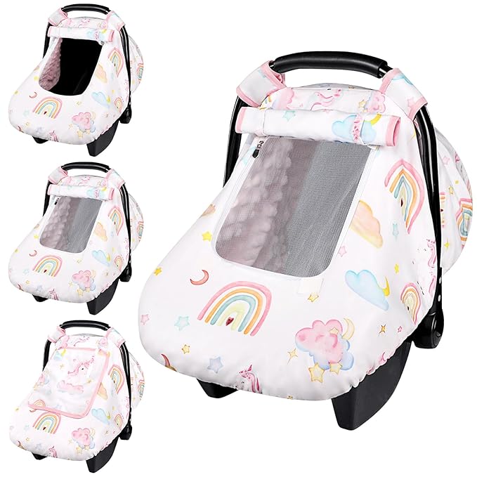 Baby Carseat Cover Girls, Pea Pod Unicorn Infant Car Seat Covers Canopy for Newborn with 2 Layers Windows of Breathable Mesh/Fabric, Lightweight Polyester/Minky Dot Backing, Snug Fit-BubblyBeeBaby