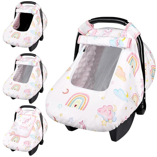 Baby Carseat Cover Girls, Pea Pod Unicorn Infant Car Seat Covers Canopy for Newborn with 2 Layers Windows of Breathable Mesh/Fabric, Lightweight Polyester/Minky Dot Backing, Snug Fit-BubblyBeeBaby
