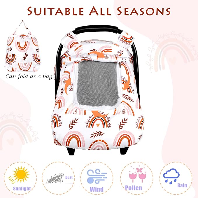 Pea Pod Baby Car Seat Cover Girls, Infant Rainbow Car Seat Covers Canopy for Newborn,2 Layers Windows of Breathable Mesh/Fabric, Lightweight Polyester/Minky Dot Backing, Snug Fit Most Baby Car Seat-BubblyBeeBaby
