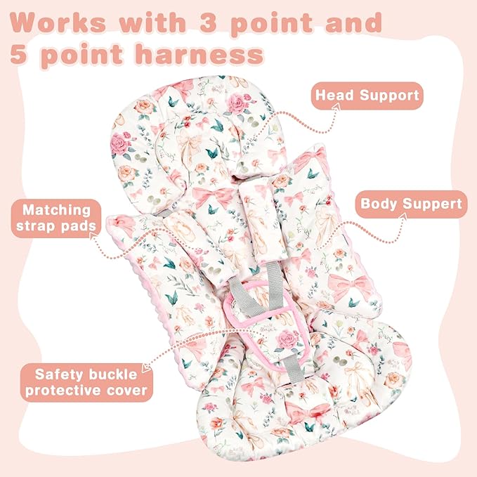 3-in-1 Infant Car Seat Insert, Soft Head and Body Support,Ultra & Strap Covers Set, Reversible Newborn Car Seat Cushion Pad for Baby Boy & Girl fits Stroller, Swing, Bouncer (Pink Bow)-BubblyBeeBaby