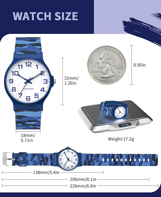 Kids Analog Watch Boys Girls, 30M Waterproof, Sports Watch for Boys, Easy to Read Children's Thin Dial Wrist Watches with Soft Band, for Ages 5-15 Kids Great Birthday Gifts Christmas Day-BubblyBeeBaby