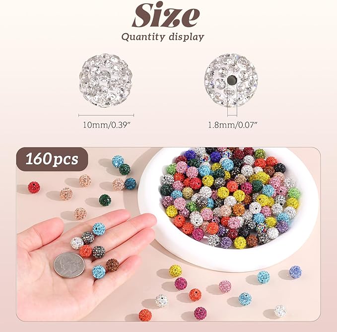 160pcs 10mm Rhinestone Beads for Jewelry Making, Crystal AB Shiny Round Disco Ball Beads Bulk, Sparkle Crystal Clay Christmas for Bracelet Baseball Necklace Earring Crafting and DIY-BubblyBeeBaby