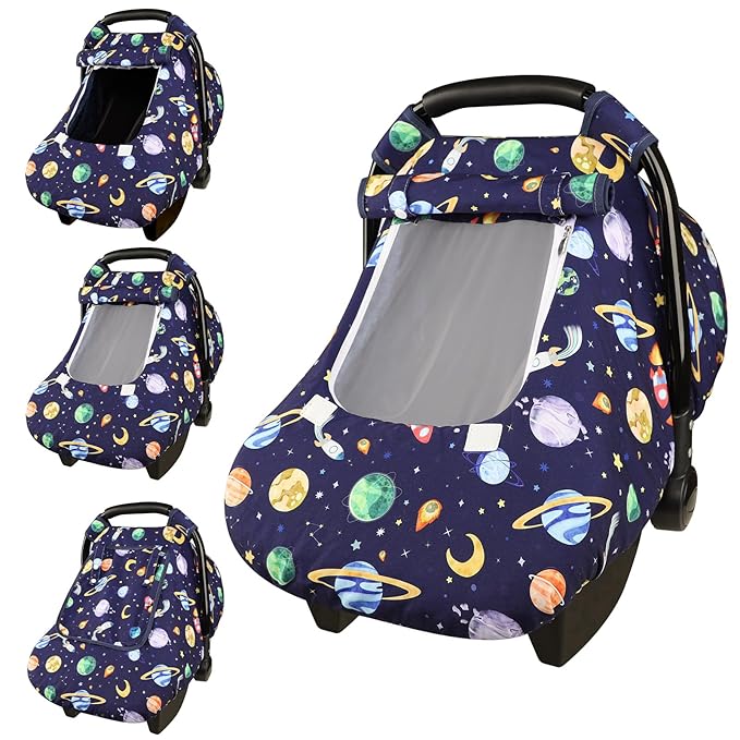 Baby Carseat Cover Winter, Pea Pod Infant Car Seat Covers Canopy for Newborn with 2 Layers Windows of Breathable Mesh/Fabric, Lightweight Polyester/Minky Dot Backing, Snug Fit Most Baby Car Seat-BubblyBeeBaby