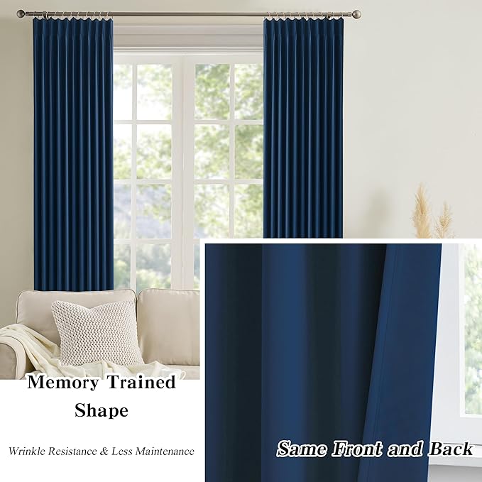KEQIAOSUOCAI Navy Blackout Curtains 72 Wide x 90 inch Long 2 Panels - Thermal Insulated Room Divider Curtains for Bedroom/Living Room/Patio, Wide Width Pinch Pleated Curtain Panel with Hooks-BubblyBeeBaby