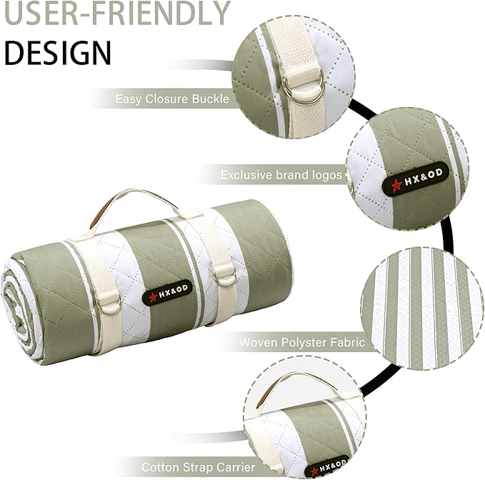 HX&OD Outdoor Picnic Blanket Extra Large, 80''*60'' Waterproof Picnic Mat with Stakes Foldable Camping Blanket Portable with Carry Strap for Beach Mat (Green& White, 80''*60'')-BubblyBeeBaby