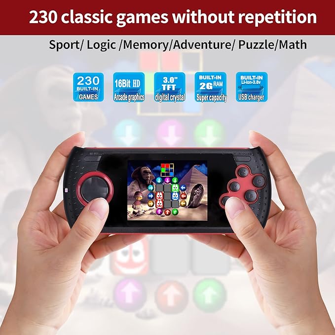 16 Bit Handheld Game for Kids Built-in 230 HD Classic Retro Video Games USB Rechargeable 3.0 Inch Childrens Travel Electronics Toys Portable Gaming Player System Gift for Boys Girls Ages 4-8-12-BubblyBeeBaby