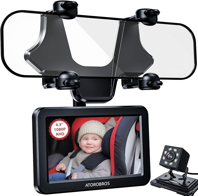Upgrade AHD 1080P Baby Car Camera for Rear-Facing Seat, 4.3'' Car Back Seat Mirror for Children Infants Kids, 1080P IR Night Vision, Upgrade 360 Rearview Mirror Display Bracket-BubblyBeeBaby