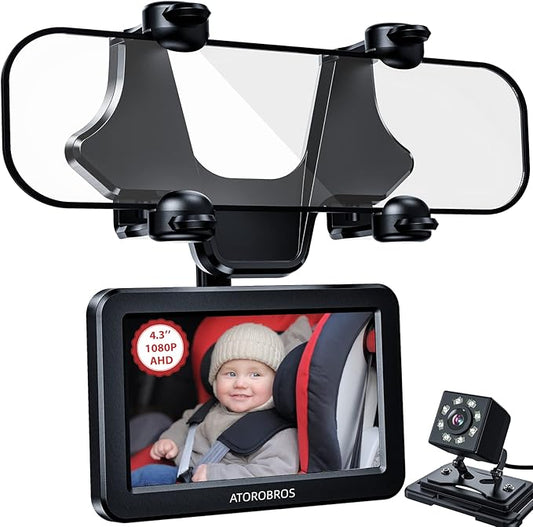 Upgrade AHD 1080P Baby Car Camera for Rear-Facing Seat, 4.3'' Car Back Seat Mirror for Children Infants Kids, 1080P IR Night Vision, Upgrade 360 Rearview Mirror Display Bracket-BubblyBeeBaby