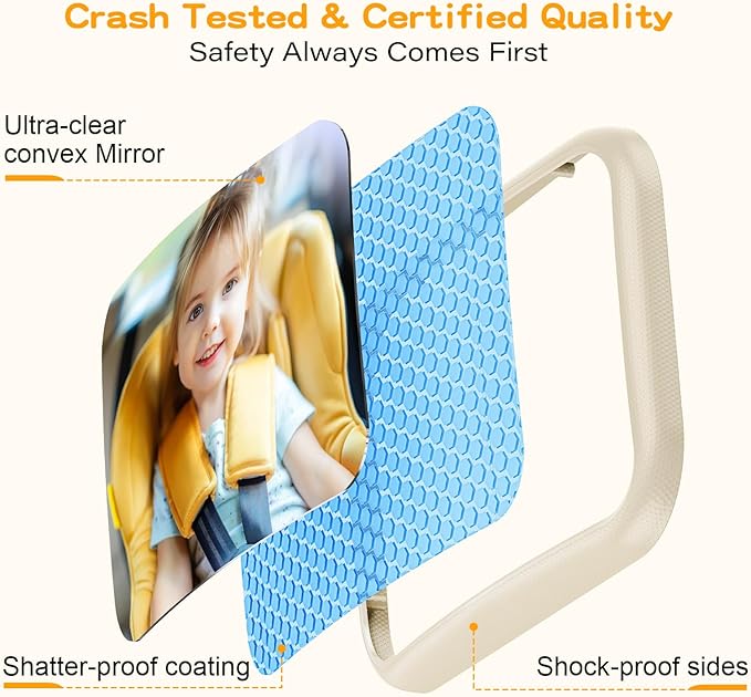 Baby Car Mirror for Baby Hook Clip Design Never Shake Baby Mirror for Car Seat Rear Facing Easy Install Crystal Clear View ShatterProof Crash Tested White-BubblyBeeBaby