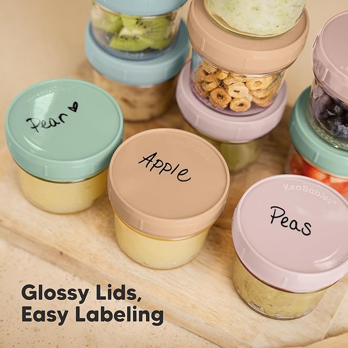 KeaBabies 12pk 4oz Glass Baby Food Containers with Lids - Leak-Proof, Microwavable Small Glass Jars, Baby Purees & Toddler Snack Storage Containers, BPA-Free, Dishwasher & Freezer Safe (Musk Dusk)-BubblyBeeBaby
