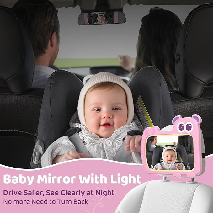 2-in-1 Baby Car Mirror with Lights & Soft Sounds, Cry Detector, Clear Night View, 360° Rotation, Shatterproof, Rear Facing Baby Car Seat Mirror with Remote Control, Perfect Baby Shower Gifts (Pink)-BubblyBeeBaby