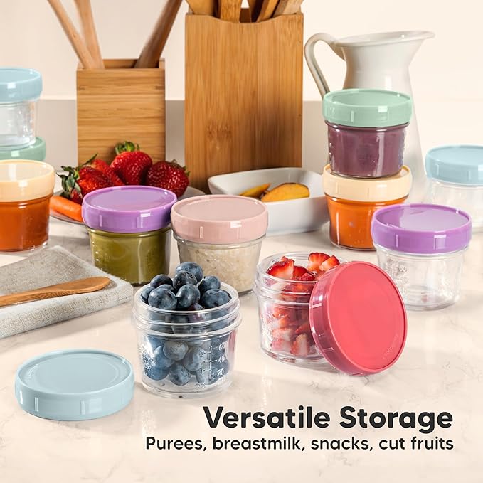 KeaBabies 4pk 8oz Glass Baby Food Containers with Lids - Leak-Proof, Microwavable Small Glass Jars, Baby Purees & Toddler Snack Storage Containers, BPA-Free, Dishwasher & Freezer Safe (Slate)-BubblyBeeBaby