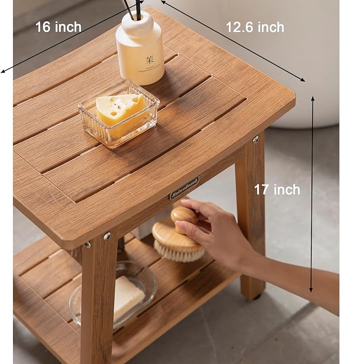 HDPS Shower Bench Seat for Inside, Waterproof Poly Lumber Shower Stool for Shaving Legs, Bathroom Foot Rest with Storage Shelf, Plastic Bath Chair Seat for with Adjustable Feet, No Maintenance, Brown-BubblyBeeBaby