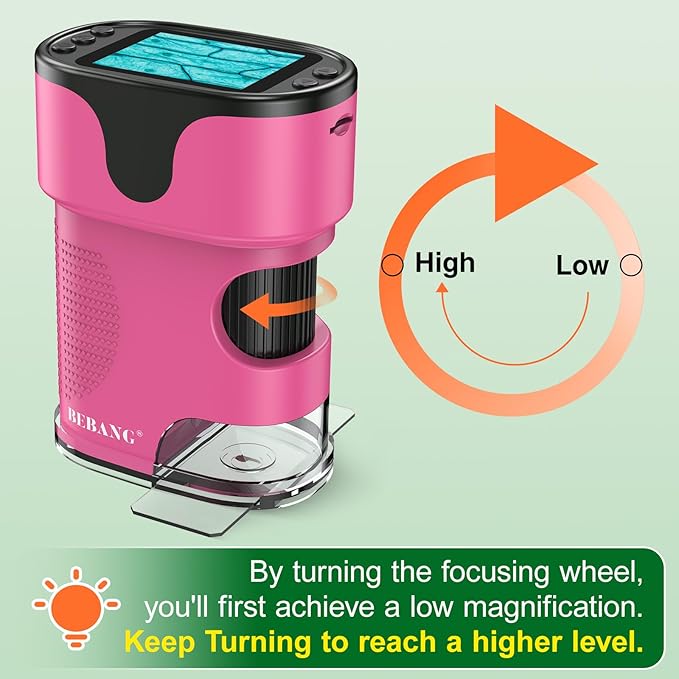 1000X Handheld Microscope for Kids 4K 2.0" Screen Rechargeable Mini Pocket Digital Microscopes w/Slides Kit Portable Edu Gift Age 4-6 8-12 Children Students (Pink)-BubblyBeeBaby