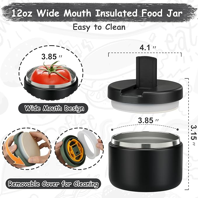 12oz Insulated Vacuum Food Jar with Buckle Lid Wide Mouth Soup Thermo for Hot Food Kids Leakproof Stainless Steel Lunch Container- Black- 1Pack-BubblyBeeBaby