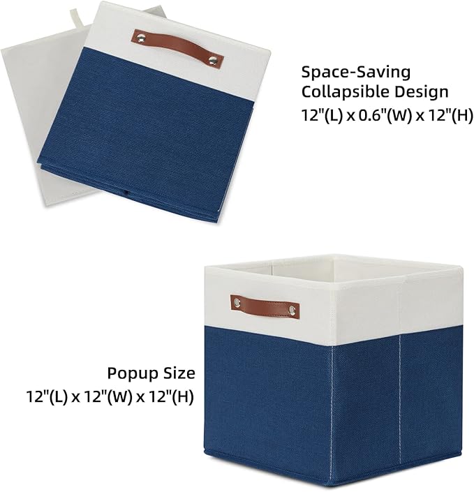HNZIGE Cube Storage Baskets,Fabric Storage Cubes 12 x 12, Set of 4,Decorative Storage Baskets for Organizing with Handles,Blue Square Bins for Organizer Home Toy Nursery Closet(Blue White)-BubblyBeeBaby