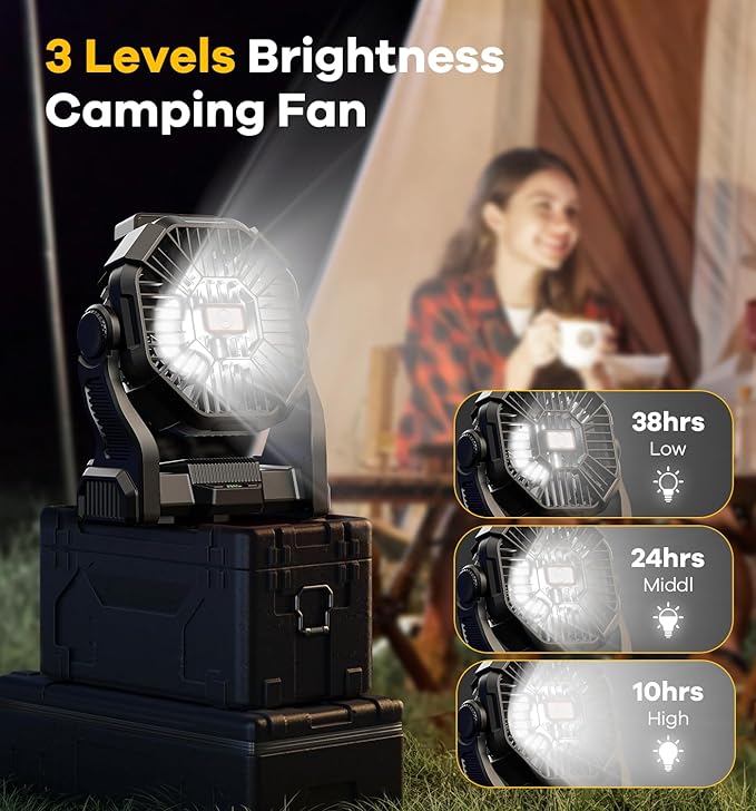 15000mAh Portable Battery Powered Camping Fan - with LED Light, Quiet Battery Operated, Camping Gear for Travel, Tent, Beach, Car or Hurricane Power Outages，Black-BubblyBeeBaby