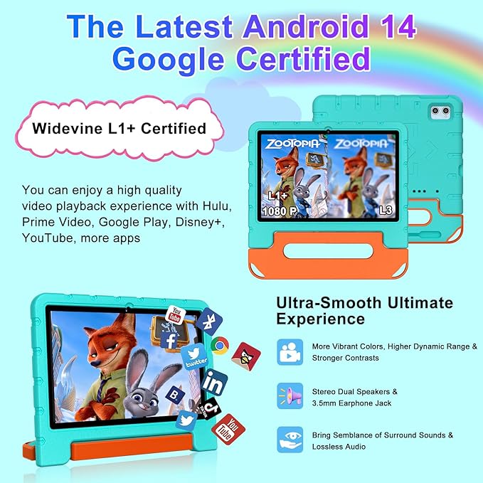 2025 Kids Tablet 10 inch Android 14 Tablets for Kid Octa-Core, 20GB+128GB (TF 1TB), Toddler Tablet with Shockproof Case, 2.4G+5G WiFi 6, Parental Control, Face Unlocked, Split Screen, BT5.0 (Green)-BubblyBeeBaby